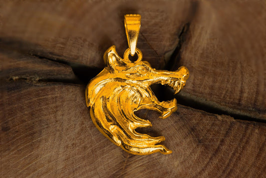 Gold Plated S925 Wolf Pendant Necklace, Two-Faced Wolf Head Jewelry for Men, Sterling Silver Fantasy Accessory