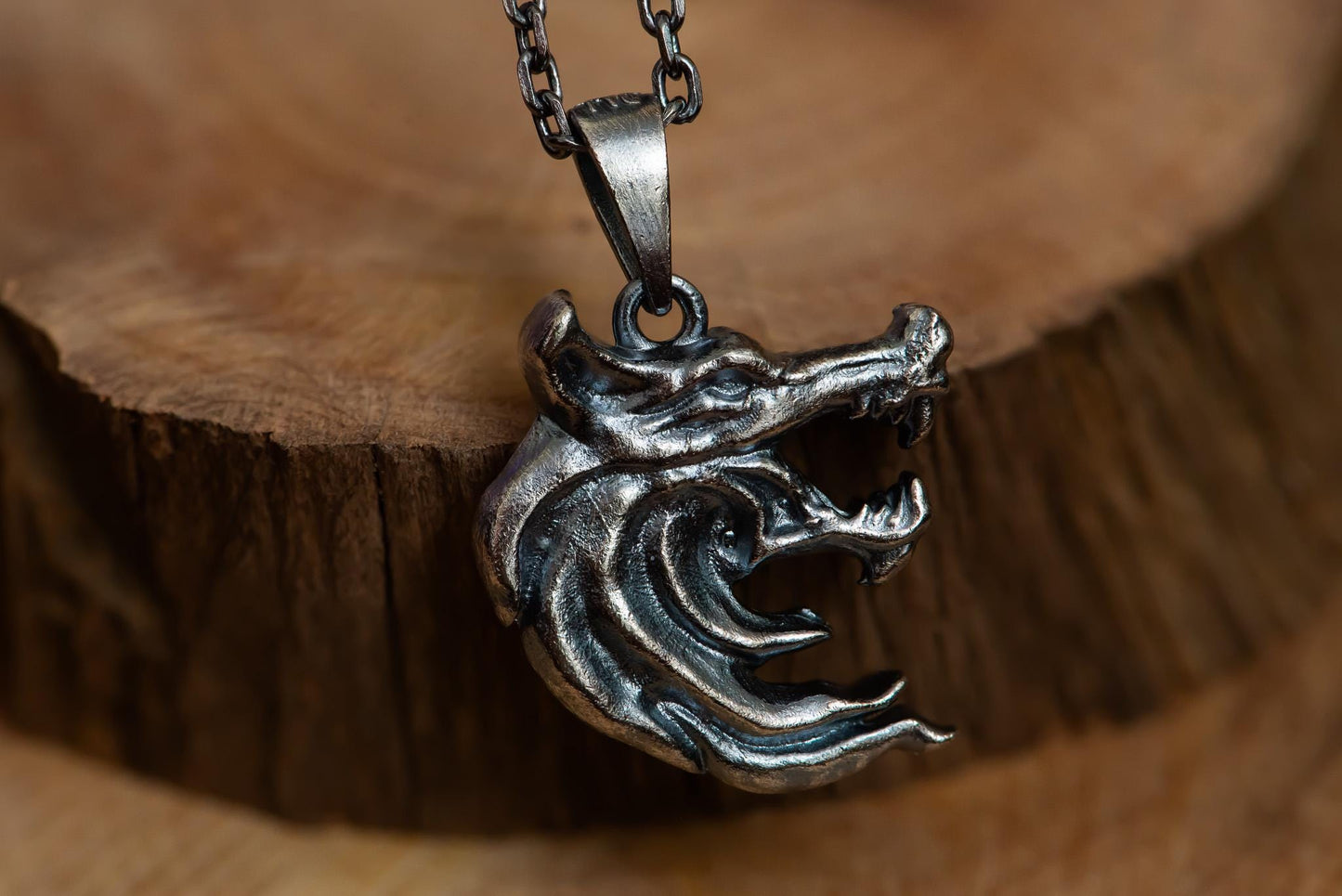 Oxidized Wolf Head Pendant Necklace S925 Sterling Silver, Double-Sided Wolf Jewelry for Men, Handmade Fantasy Gift