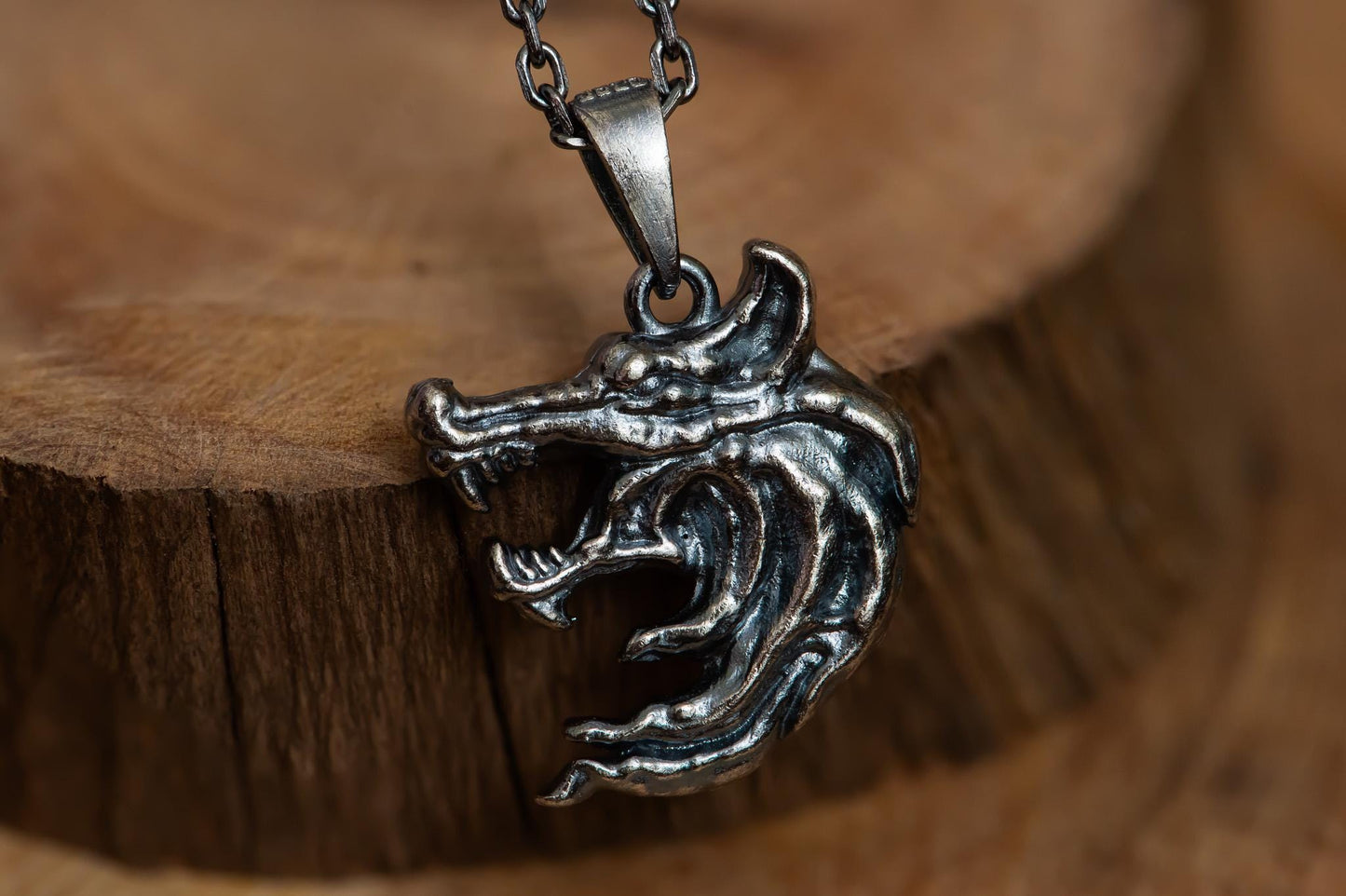 Two-Sided Wolf Head Pendant S925 Sterling Silver Necklace, Handcrafted Wolf Jewelry for Men, Fantasy Gift for Him