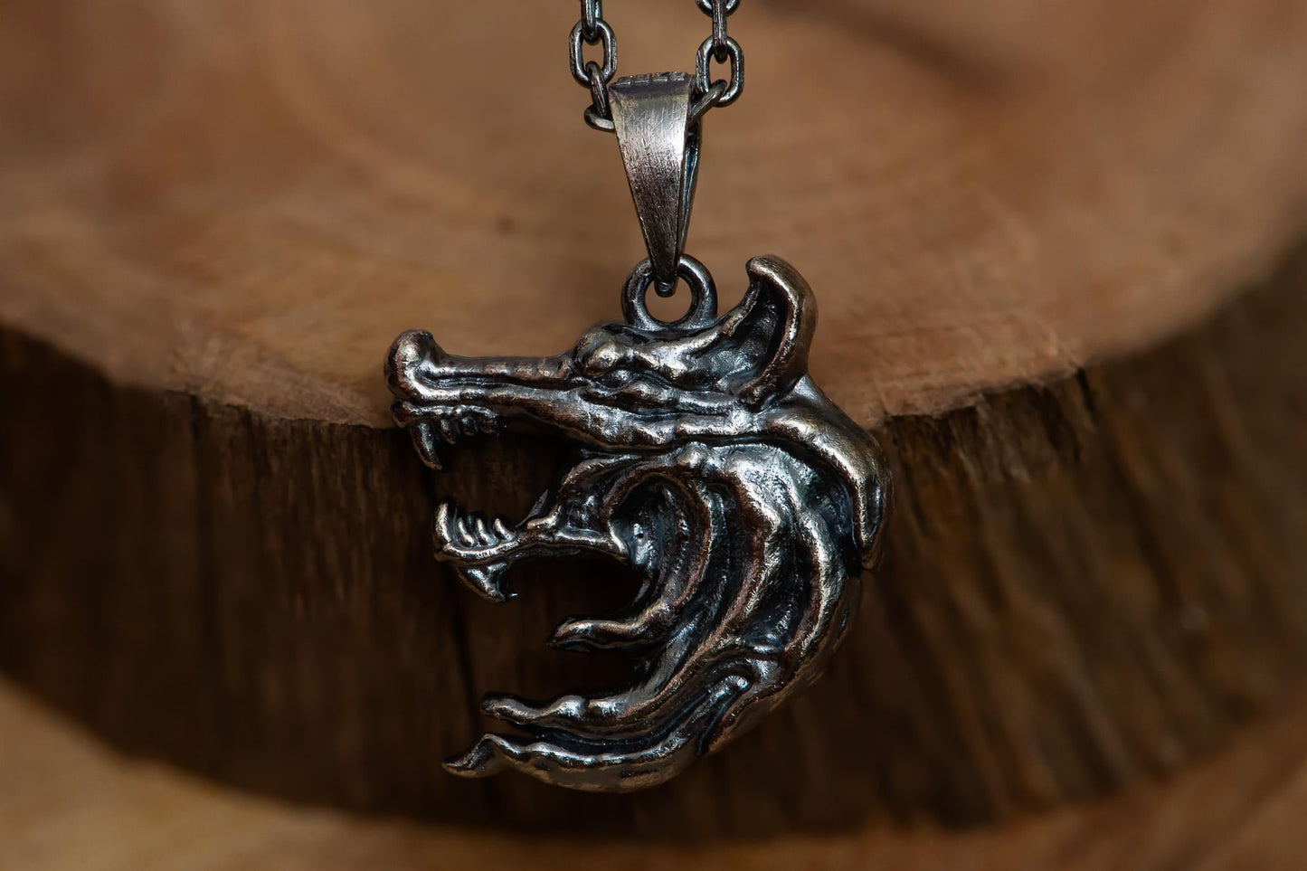 Two-Sided Wolf Head Pendant S925 Sterling Silver Necklace, Handcrafted Wolf Jewelry for Men, Fantasy Gift for Him