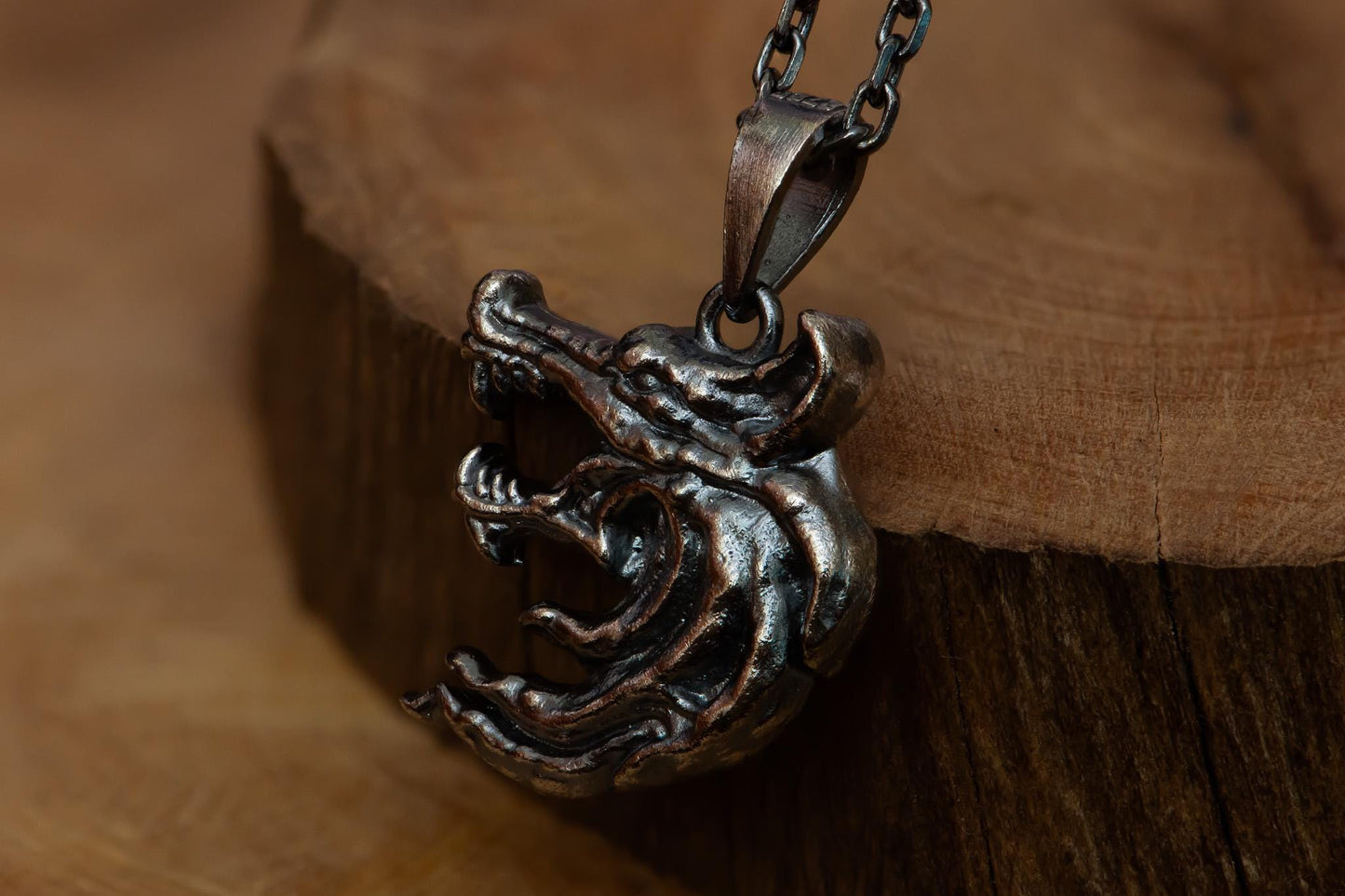 Oxidized Wolf Head Pendant Necklace S925 Sterling Silver, Double-Sided Wolf Jewelry for Men, Handmade Fantasy Gift