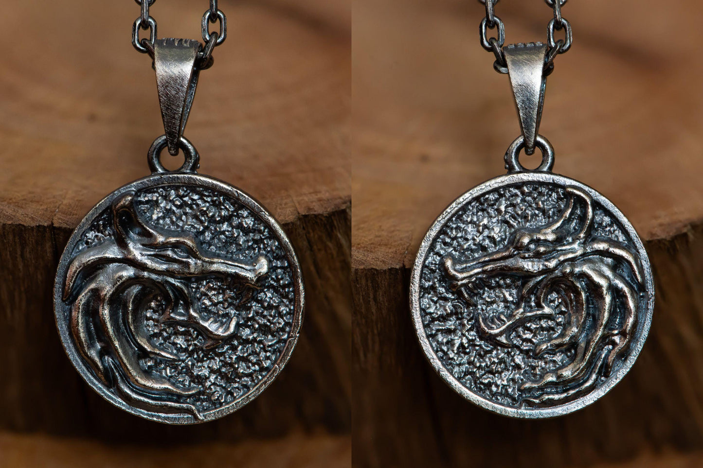 Oxidized Round Wolf Pendant Necklace S925 Sterling Silver, Double-Faced Wolf Jewelry for Men, Handcrafted Fantasy Accessory