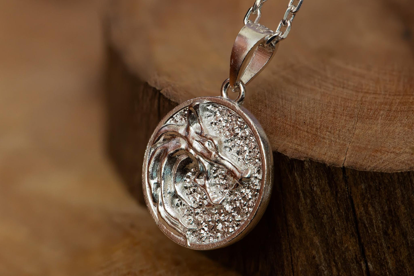 Round Wolf Head Pendant S925 Sterling Silver Necklace, Double-Sided Handmade Wolf Jewelry for Men, Fantasy Gift