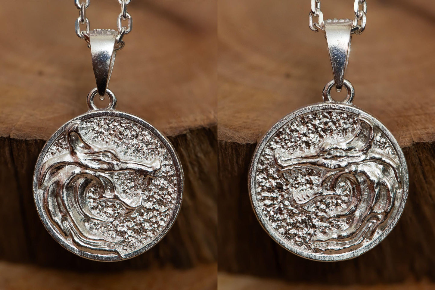 Oxidized Round Wolf Pendant Necklace S925 Sterling Silver, Double-Faced Wolf Jewelry for Men, Handcrafted Fantasy Accessory