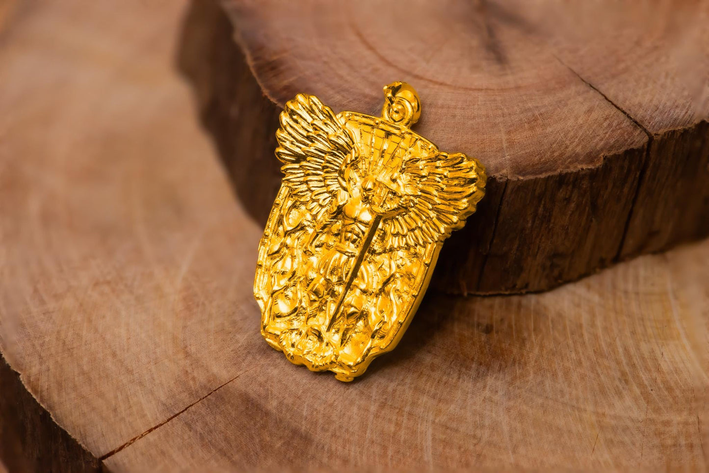 Gold Angel Warrior Pendant Necklace S925 Sterling Gold Plated, Handmade Fantasy Shield Jewelry, Gift for Gamer