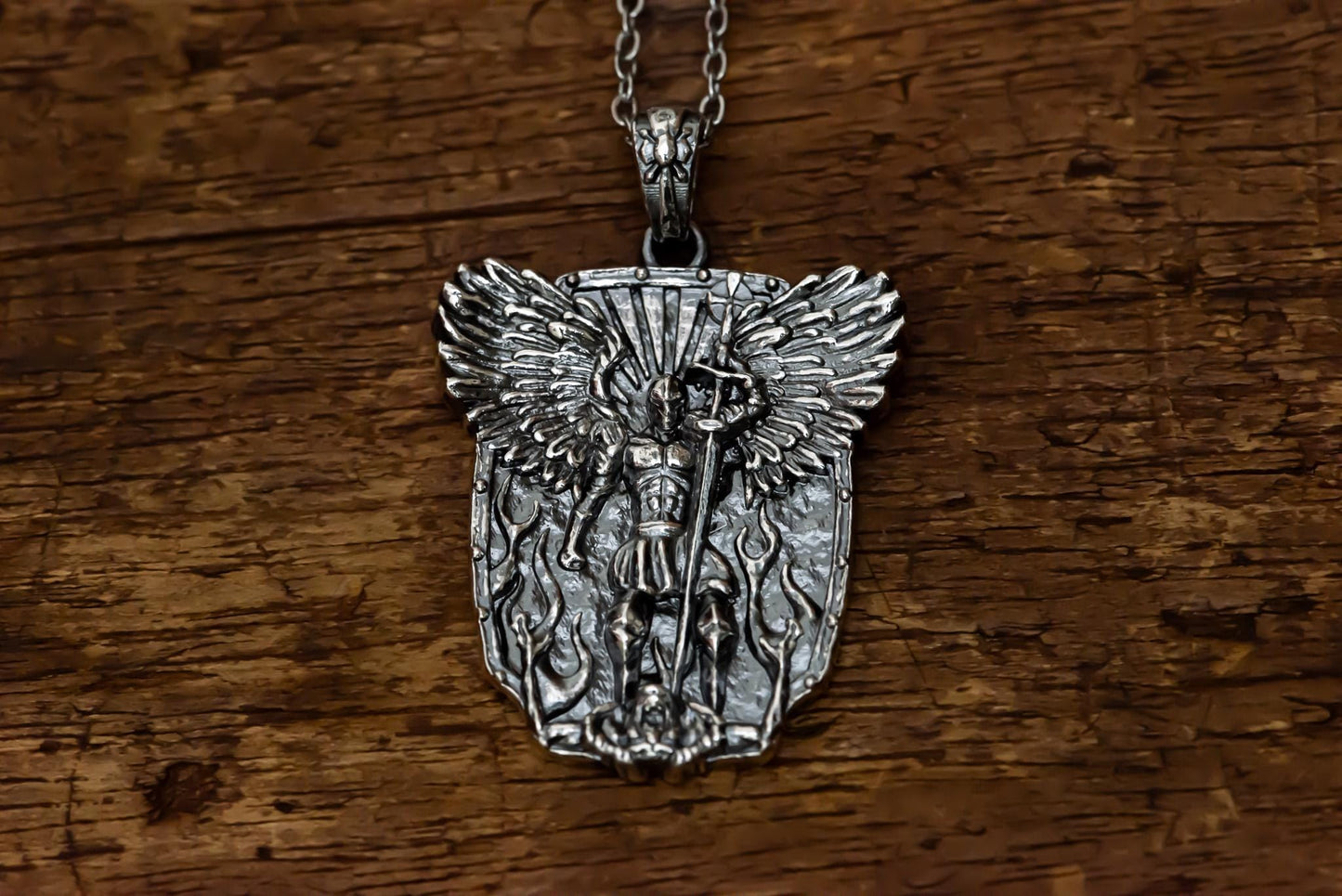 Dark Silver Angel Warrior Pendant Necklace S925 Sterling Oxidized Shield Jewelry, Medieval Gothic Necklace for Him