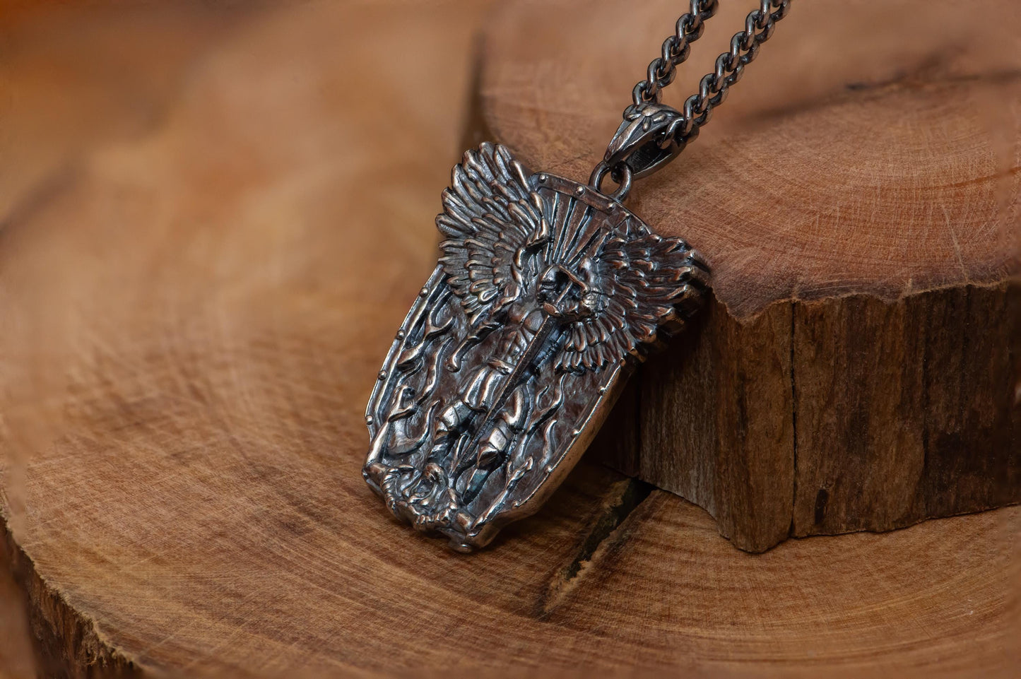 Dark Silver Angel Warrior Pendant Necklace S925 Sterling Oxidized Shield Jewelry, Medieval Gothic Necklace for Him