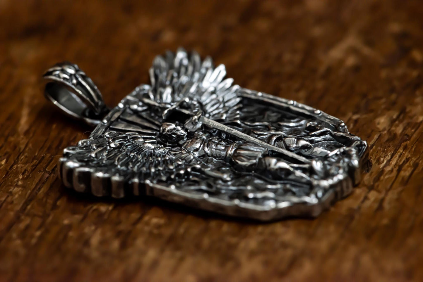 Dark Silver Angel Warrior Pendant Necklace S925 Sterling Oxidized Shield Jewelry, Medieval Gothic Necklace for Him