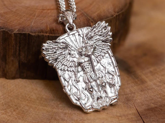 Silver Angel Warrior Pendant Necklace S925 Sterling Handmade Shield Jewelry, Gothic Fantasy Talisman Gift for Men