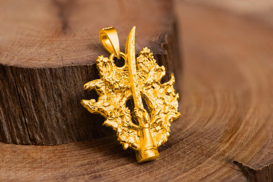 Gold Winged Sword Insignia Pendant S925 Sterling Gold Plated Handmade Jewelry, Medieval Fantasy Necklace for Gamer