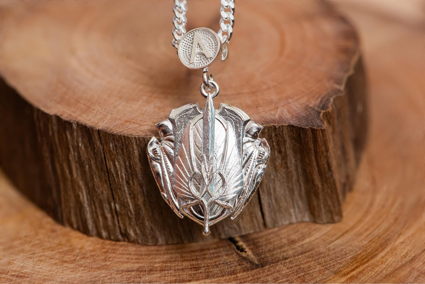 Silver Crest Blade Pendant Necklace S925 Sterling Handmade Jewelry, Fantasy Shield Symbol Necklace, Gift for Gamer