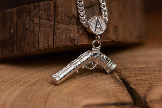 S925 Dark Silver Oxidized Fantasy Gun Pendant – RPG Jewelry for Men, Handcrafted Silver Necklace, Steampunk Inspired Gift